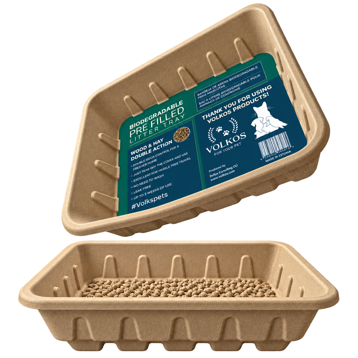 VOLKOS biodegradable pre-filled litter tray, size M, wood and hay litter