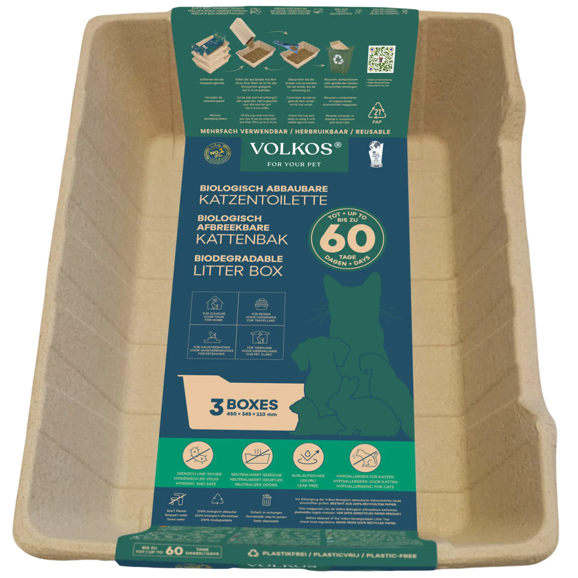 VOLKOS biodegradable litter box 3 pcs discharge set, size L, 450×345×110 mm