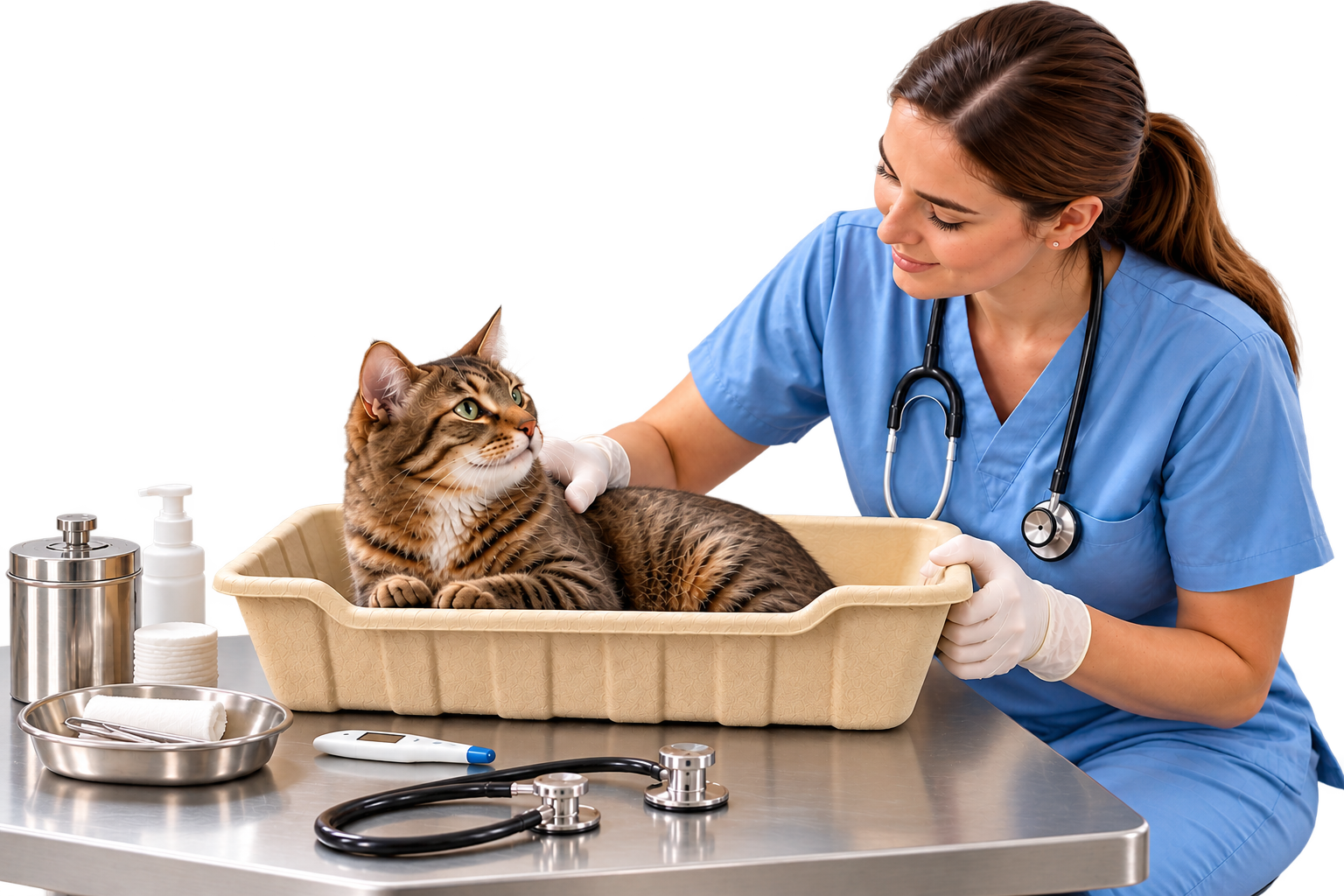 Veterinary nurse examining a cat in a VOLKOS single-use litter tray on a clinic table