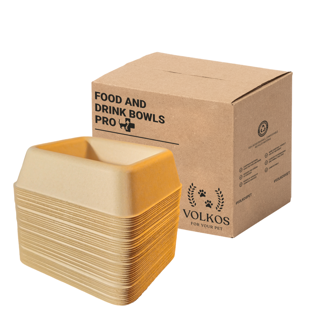 Stack of VOLKOS biodegradable feeding and drinking bowls with their 50-piece box